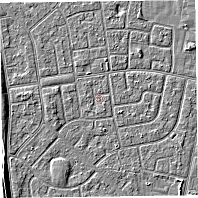 Shaded relief map of the ground around FY78NJ, computed from Environment Agency LiDAR. The ground here sits at about 5 m above sea level and falls 6 m across the surrounding 800 m. Surface water reaching this point runs off ground lying to the south, 0.8 m higher.