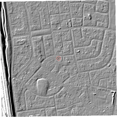 Shaded relief map of the ground around FY78NL, computed from Environment Agency LiDAR. The ground here sits at about 5 m above sea level and falls 9 m across the surrounding 800 m. The ground contributing surface water to this point lies to the east.