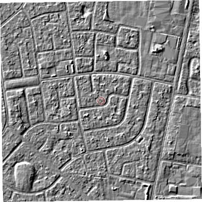 Shaded relief map of the ground around FY78NN, computed from Environment Agency LiDAR. The ground here sits at about 5 m above sea level and falls 2 m across the surrounding 800 m. Surface water reaching this point runs off ground lying to the west, 1.7 m higher.