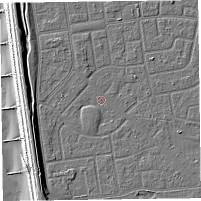 Shaded relief map of the ground around FY78NP, computed from Environment Agency LiDAR. The ground here sits at about 5 m above sea level and falls 11 m across the surrounding 800 m. Surface water reaching this point runs off ground lying to the south-south-west, 1.2 m higher.