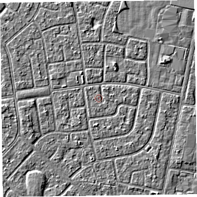 Shaded relief map of the ground around FY78NQ, computed from Environment Agency LiDAR. The ground here sits at about 5 m above sea level and falls 2 m across the surrounding 800 m. Surface water reaching this point runs off ground lying to the south-south-west, 0.6 m higher.