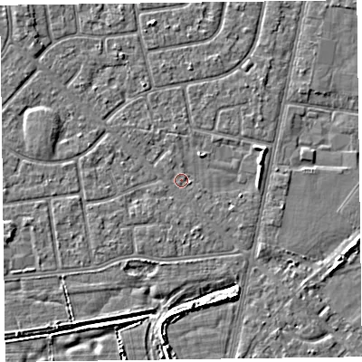 Shaded relief map of the ground around FY78NR, computed from Environment Agency LiDAR. The ground here sits at about 5 m above sea level and falls 4 m across the surrounding 800 m. Surface water reaching this point runs off ground lying to the north-west, 1.5 m higher.