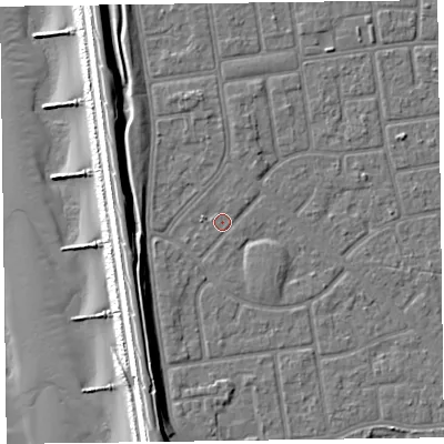 Shaded relief map of the ground around FY78NS, computed from Environment Agency LiDAR. The ground here sits at about 5 m above sea level and falls 13 m across the surrounding 800 m. Surface water reaching this point runs off ground lying to the north, 1.6 m higher.
