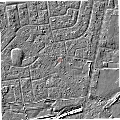Shaded relief map of the ground around FY78NT, computed from Environment Agency LiDAR. The ground here sits at about 5 m above sea level and falls 4 m across the surrounding 800 m. Surface water reaching this point runs off ground lying to the north-west, 1.5 m higher.