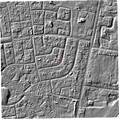 Shaded relief map of the ground around FY78NW, computed from Environment Agency LiDAR. The ground here sits at about 5 m above sea level and falls 3 m across the surrounding 800 m. Surface water reaching this point runs off ground lying to the west, 1.3 m higher.