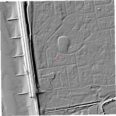 Shaded relief map of the ground around FY78NX, computed from Environment Agency LiDAR. The ground here sits at about 5 m above sea level and falls 13 m across the surrounding 800 m. Surface water reaching this point runs off ground lying to the south-west, 0.6 m higher.
