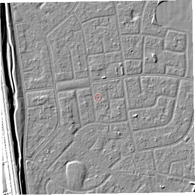 Shaded relief map of the ground around FY78NY, computed from Environment Agency LiDAR. The ground here sits at about 5 m above sea level and falls 9 m across the surrounding 800 m. Surface water reaching this point runs off ground lying to the west-south-west, 1.4 m higher.