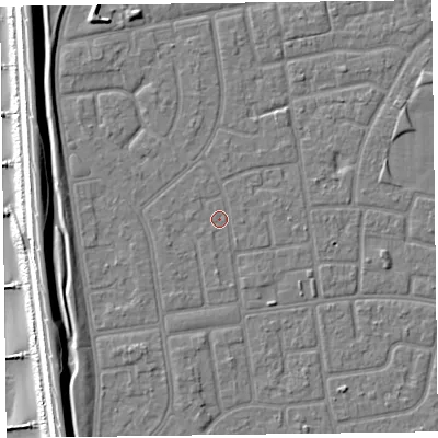 Shaded relief map of the ground around FY78PB, computed from Environment Agency LiDAR. The ground here sits at about 5 m above sea level and falls 12 m across the surrounding 800 m. Surface water reaching this point runs off ground lying to the south-south-west, 1.7 m higher.