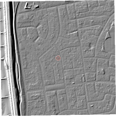 Shaded relief map of the ground around FY78PD, computed from Environment Agency LiDAR. The ground here sits at about 5 m above sea level and falls 12 m across the surrounding 800 m. Surface water reaching this point runs off ground lying to the south-south-west, 1.7 m higher.