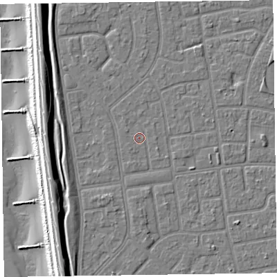 Shaded relief map of the ground around FY78PE, computed from Environment Agency LiDAR. The ground here sits at about 5 m above sea level and falls 12 m across the surrounding 800 m. Surface water reaching this point runs off ground lying to the south-south-west, 1.6 m higher.