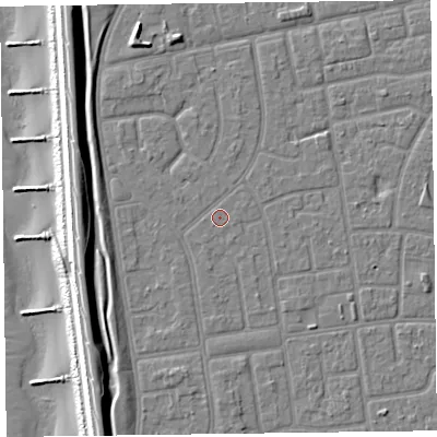 Shaded relief map of the ground around FY78PF, computed from Environment Agency LiDAR. The ground here sits at about 5 m above sea level and falls 12 m across the surrounding 800 m. The ground contributing surface water to this point lies to the south-west.