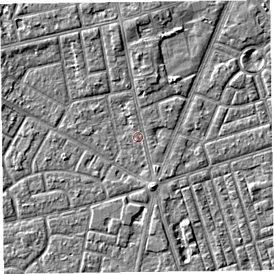 Shaded relief map of the ground around FY78PS, computed from Environment Agency LiDAR. The ground here sits at about 5 m above sea level and falls 4 m across the surrounding 800 m. The ground contributing surface water to this point lies to the north-north-west.