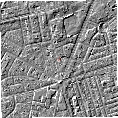 Shaded relief map of the ground around FY78PT, computed from Environment Agency LiDAR. The ground here sits at about 5 m above sea level and falls 4 m across the surrounding 800 m. Surface water reaching this point runs off ground lying to the north, 0.9 m higher.