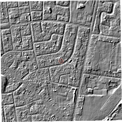 Shaded relief map of the ground around FY78PU, computed from Environment Agency LiDAR. The ground here sits at about 5 m above sea level and falls 3 m across the surrounding 800 m. Surface water reaching this point runs off ground lying to the south-east, 0.7 m higher.