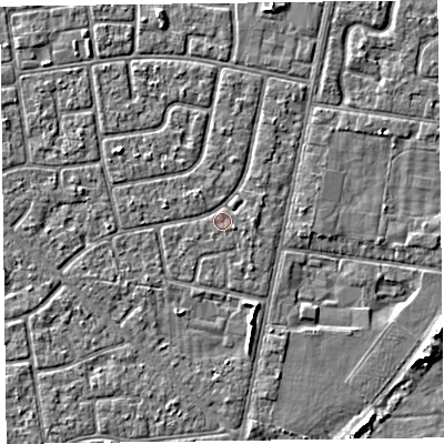 Shaded relief map of the ground around FY78PX, computed from Environment Agency LiDAR. The ground here sits at about 5 m above sea level and falls 5 m across the surrounding 800 m. Surface water reaching this point runs off ground lying to the east-south-east, 0.7 m higher.