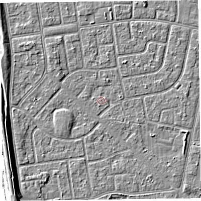Shaded relief map of the ground around FY78PZ, computed from Environment Agency LiDAR. The ground here sits at about 5 m above sea level and falls 7 m across the surrounding 800 m. Surface water reaching this point runs off ground lying to the north-north-east, 1.0 m higher.