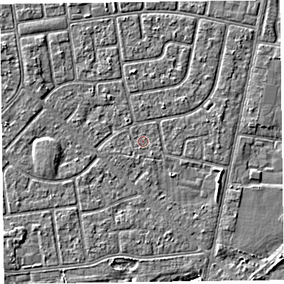 Shaded relief map of the ground around FY78QA, computed from Environment Agency LiDAR. The ground here sits at about 5 m above sea level and falls 4 m across the surrounding 800 m. Surface water reaching this point runs off ground lying to the south-east, 0.7 m higher.