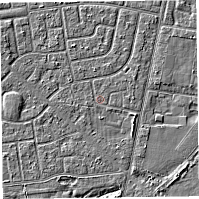 Shaded relief map of the ground around FY78QB, computed from Environment Agency LiDAR. The ground here sits at about 5 m above sea level and falls 4 m across the surrounding 800 m. Surface water reaching this point runs off ground lying to the north-east, 0.6 m higher.