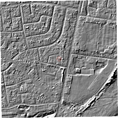 Shaded relief map of the ground around FY78QD, computed from Environment Agency LiDAR. The ground here sits at about 5 m above sea level and falls 6 m across the surrounding 800 m. Surface water reaching this point runs off ground lying to the east, 0.5 m higher.