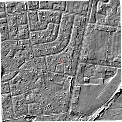 Shaded relief map of the ground around FY78QE, computed from Environment Agency LiDAR. The ground here sits at about 5 m above sea level and falls 3 m across the surrounding 800 m. Surface water reaching this point runs off ground lying to the north-east, 0.6 m higher.