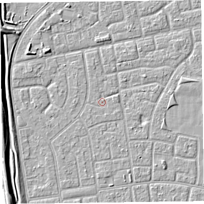 Shaded relief map of the ground around FY78QF, computed from Environment Agency LiDAR. The ground here sits at about 5 m above sea level and falls 6 m across the surrounding 800 m. Surface water reaching this point runs off ground lying to the east, 0.5 m higher.
