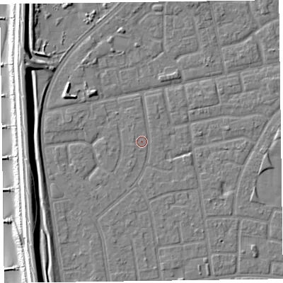 Shaded relief map of the ground around FY78QG, computed from Environment Agency LiDAR. The ground here sits at about 5 m above sea level and falls 11 m across the surrounding 800 m. Surface water reaching this point runs off ground lying to the south-south-west, 0.6 m higher.