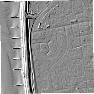 Shaded relief map of the ground around FY78QH, computed from Environment Agency LiDAR. The ground here sits at about 5 m above sea level and falls 13 m across the surrounding 800 m. Surface water reaching this point runs off ground lying to the south-west, 2.4 m higher.