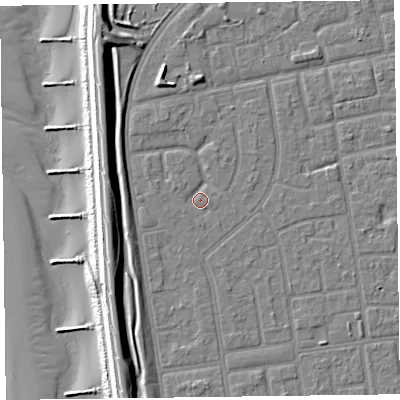 Shaded relief map of the ground around FY78QJ, computed from Environment Agency LiDAR. The ground here sits at about 5 m above sea level and falls 13 m across the surrounding 800 m. Surface water reaching this point runs off ground lying to the south, 0.9 m higher.