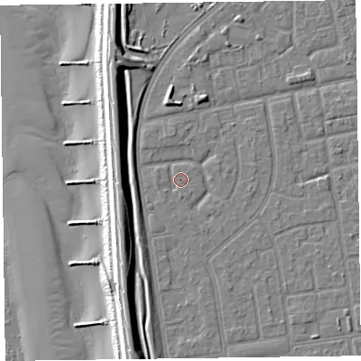 Shaded relief map of the ground around FY78QL, computed from Environment Agency LiDAR. The ground here sits at about 5 m above sea level and falls 14 m across the surrounding 800 m. Surface water reaching this point runs off ground lying to the south-west, 0.8 m higher.