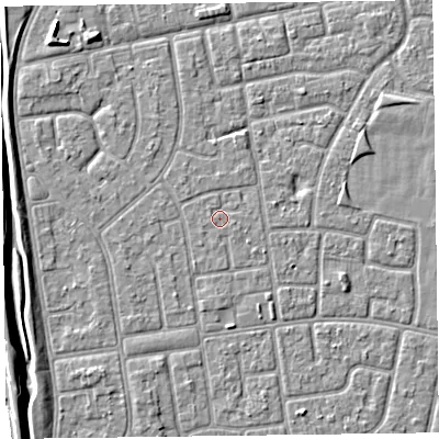 Shaded relief map of the ground around FY78QN, computed from Environment Agency LiDAR. The ground here sits at about 5 m above sea level and falls 6 m across the surrounding 800 m. The ground contributing surface water to this point lies to the east-south-east.