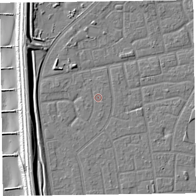 Shaded relief map of the ground around FY78QQ, computed from Environment Agency LiDAR. The ground here sits at about 5 m above sea level and falls 12 m across the surrounding 800 m. Surface water reaching this point runs off ground lying to the south-west, 0.6 m higher.