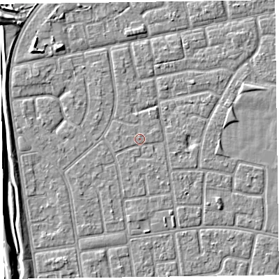 Shaded relief map of the ground around FY78QR, computed from Environment Agency LiDAR. The ground here sits at about 5 m above sea level and falls 6 m across the surrounding 800 m. Surface water reaching this point runs off ground lying to the south-west, 2.4 m higher.