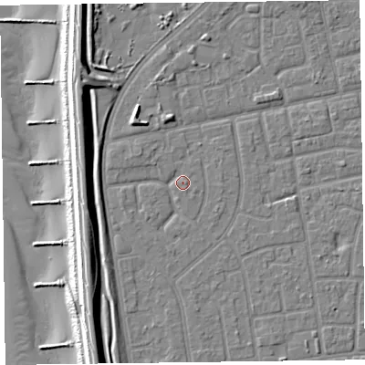Shaded relief map of the ground around FY78QS, computed from Environment Agency LiDAR. The ground here sits at about 5 m above sea level and falls 12 m across the surrounding 800 m. Surface water reaching this point runs off ground lying to the south-west, 2.4 m higher.