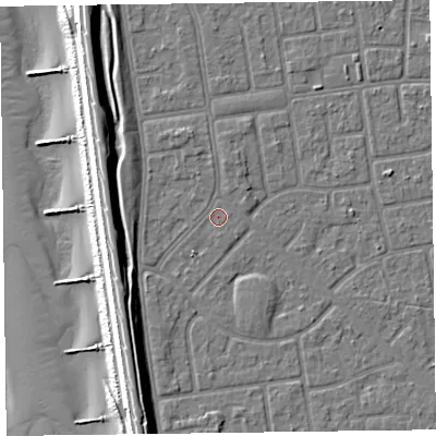 Shaded relief map of the ground around FY78QU, computed from Environment Agency LiDAR. The ground here sits at about 5 m above sea level and falls 13 m across the surrounding 800 m. Surface water reaching this point runs off ground lying to the north, 0.9 m higher.