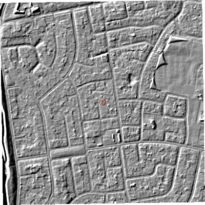 Shaded relief map of the ground around FY78QW, computed from Environment Agency LiDAR. The ground here sits at about 5 m above sea level and falls 6 m across the surrounding 800 m. The ground contributing surface water to this point lies to the south-west.