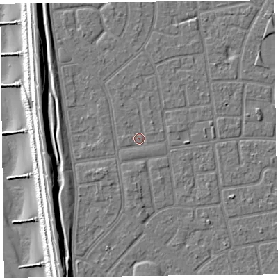 Shaded relief map of the ground around FY78QY, computed from Environment Agency LiDAR. The ground here sits at about 5 m above sea level and falls 12 m across the surrounding 800 m. Surface water reaching this point runs off ground lying to the south-west, 1.6 m higher.