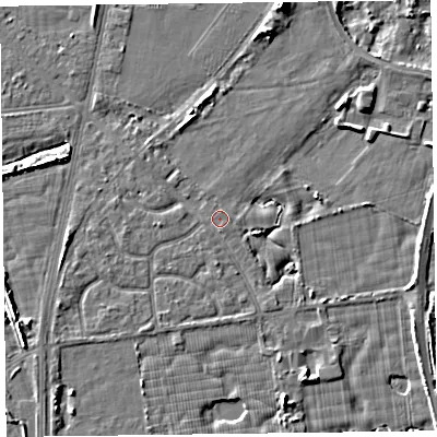Shaded relief map of the ground around FY78RL, computed from Environment Agency LiDAR. The ground here sits at about 6 m above sea level and falls 6 m across the surrounding 800 m. Surface water reaching this point runs off ground lying to the west-south-west, 1.2 m higher.