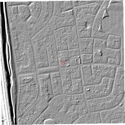 Shaded relief map of the ground around FY78RP, computed from Environment Agency LiDAR. The ground here sits at about 5 m above sea level and falls 9 m across the surrounding 800 m. Surface water reaching this point runs off ground lying to the west-south-west, 1.6 m higher.