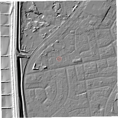 Shaded relief map of the ground around FY78RR, computed from Environment Agency LiDAR. The ground here sits at about 5 m above sea level and falls 12 m across the surrounding 800 m. Surface water reaching this point runs off ground lying to the west-south-west, 2.8 m higher.