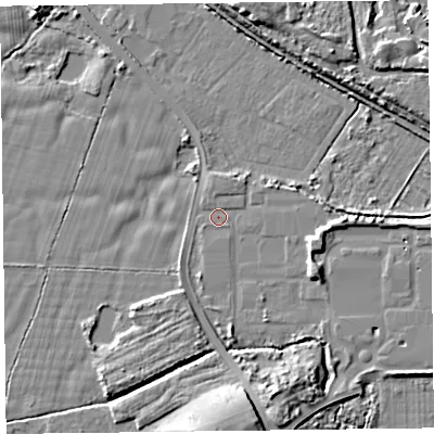 Shaded relief map of the ground around FY78RS, computed from Environment Agency LiDAR. The ground here sits at about 5 m above sea level and falls 12 m across the surrounding 800 m. Surface water reaching this point runs off ground lying to the east-south-east, 4.3 m higher.