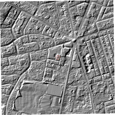 Shaded relief map of the ground around FY78RT, computed from Environment Agency LiDAR. The ground here sits at about 6 m above sea level and falls 3 m across the surrounding 800 m. Surface water reaching this point runs off ground lying to the east-north-east, 0.8 m higher.