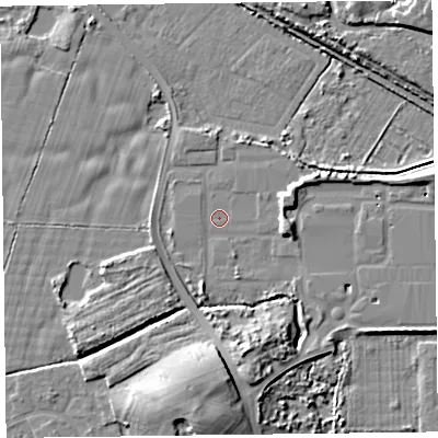 Shaded relief map of the ground around FY78RY, computed from Environment Agency LiDAR. The ground here sits at about 5 m above sea level and falls 12 m across the surrounding 800 m. Surface water reaching this point runs off ground lying to the south-south-east, 5.1 m higher.