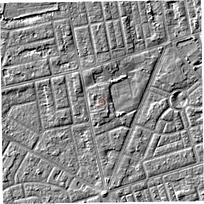 Shaded relief map of the ground around FY78SB, computed from Environment Agency LiDAR. The ground here sits at about 6 m above sea level and falls 5 m across the surrounding 800 m. Surface water reaching this point runs off ground lying to the south, 0.7 m higher.