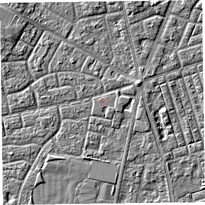 Shaded relief map of the ground around FY78SF, computed from Environment Agency LiDAR. The ground here sits at about 5 m above sea level and falls 3 m across the surrounding 800 m. Surface water reaching this point runs off ground lying to the east, 0.8 m higher.