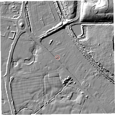 Shaded relief map of the ground around FY78SL, computed from Environment Agency LiDAR. The ground here sits at about 4 m above sea level and falls 20 m across the surrounding 800 m. Surface water reaching this point runs off ground lying to the north-north-west, 3.5 m higher.
