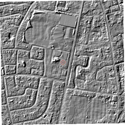 Shaded relief map of the ground around FY78SS, computed from Environment Agency LiDAR. The ground here sits at about 5 m above sea level and falls 2 m across the surrounding 800 m. Surface water reaching this point runs off ground lying to the west-north-west, 0.8 m higher.