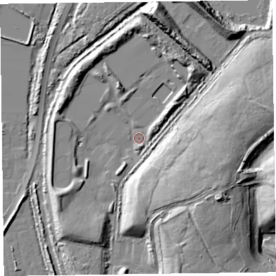 Shaded relief map of the ground around FY78TW, computed from Environment Agency LiDAR. The ground here sits at about 7 m above sea level and falls 22 m across the surrounding 800 m. Surface water reaching this point runs off ground lying to the south-west, 8.6 m higher.