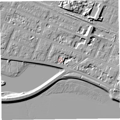 Shaded relief map of the ground around FY81AZ, computed from Environment Agency LiDAR. The ground here sits at about 8 m above sea level and falls 12 m across the surrounding 800 m. Surface water reaching this point runs off ground lying to the north, 1.9 m higher.