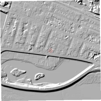 Shaded relief map of the ground around FY81BB, computed from Environment Agency LiDAR. The ground here sits at about 8 m above sea level and falls 11 m across the surrounding 800 m. Surface water reaching this point runs off ground lying to the north-north-east, 1.7 m higher.