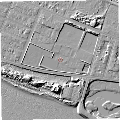 Shaded relief map of the ground around FY81DT, computed from Environment Agency LiDAR. The ground here sits at about 8 m above sea level and falls 12 m across the surrounding 800 m. Surface water reaching this point runs off ground lying to the west-north-west, 2.7 m higher.
